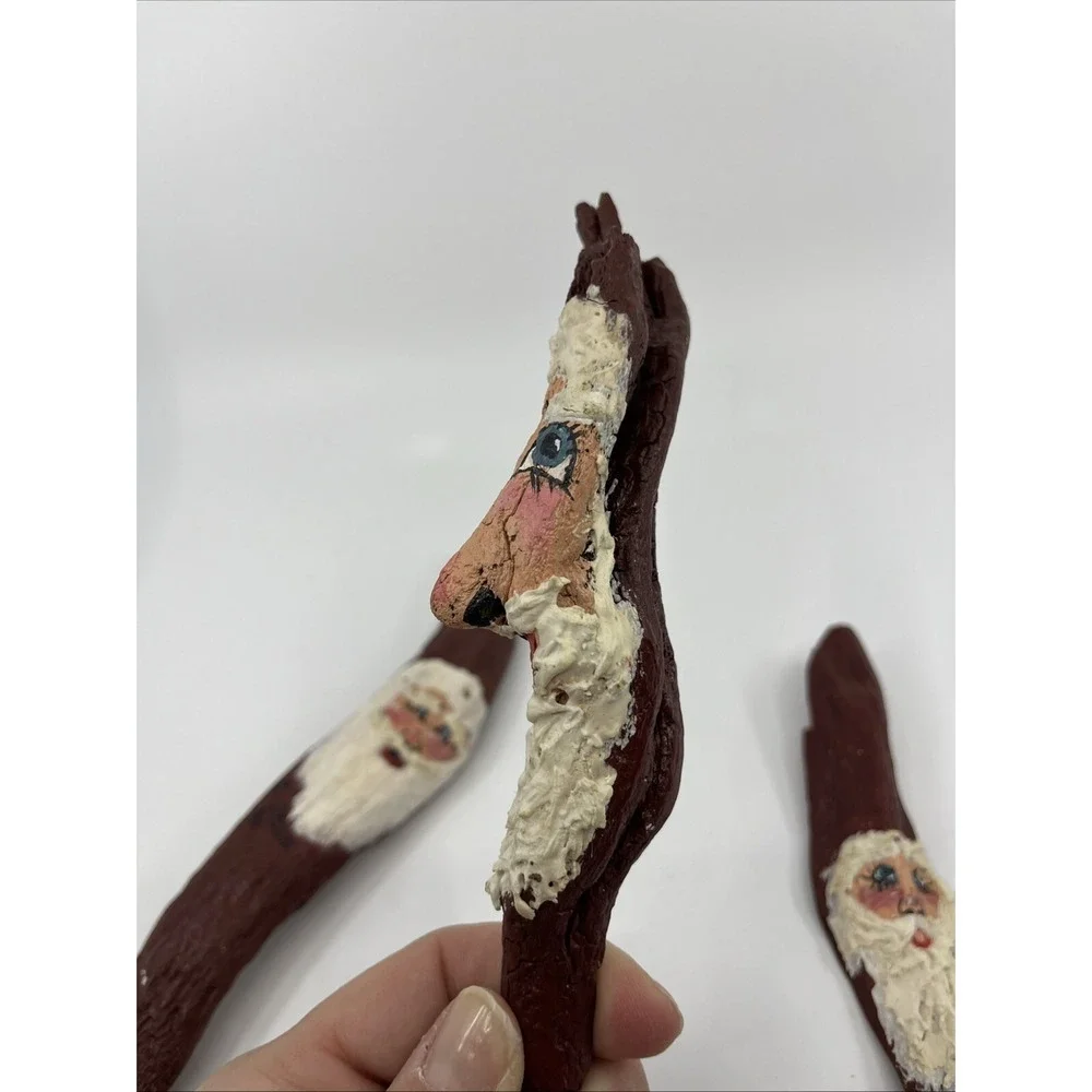 3 Hand Painted Santa Claus on bark Artist Signed C. Dyson 1990s Red Folk Art